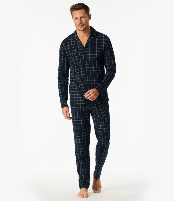 Schiesser Lange pyjama blauw geruit - Fine Interlock