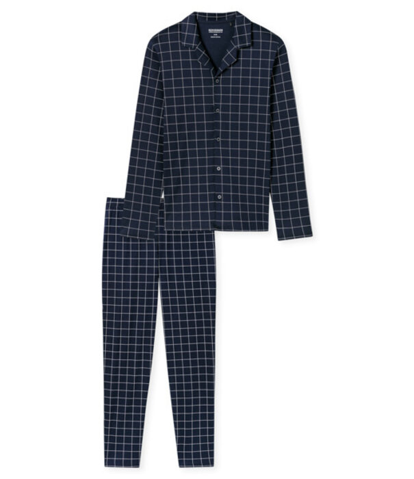 Schiesser Lange pyjama blauw geruit - Fine Interlock