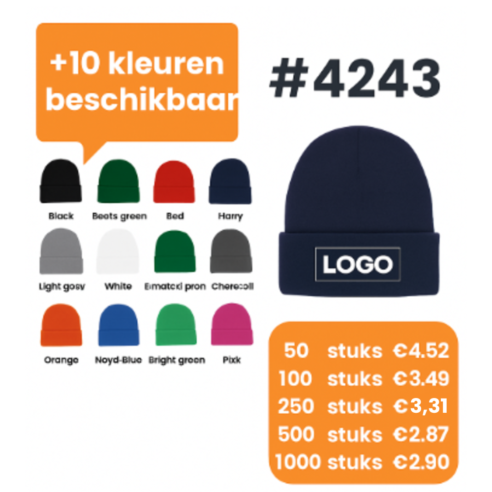 The Headwear Professionals WINTERACTIE: Acrylic Beanie With Roll Up 4243 incl borduring