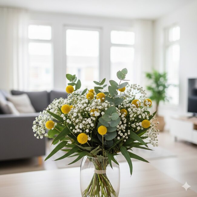 DIY Frischer Blumenstrauß Sophie | Craspedia, Cinerea & Weißes Schleierkraut | ± 15 Stiele | 50 Zentimeter