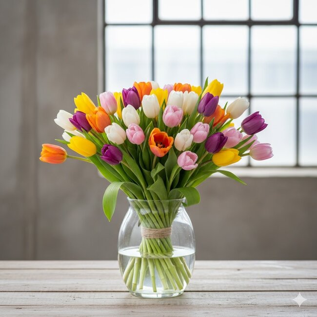 Verspakket "Dutch Tulip Garden" | Lengte ± 40 centimeter | DIY boeket met 50 verse bloemen