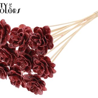 Shola Rozen met was op stok | Kleur: Bordeauxrood | Shola Beetal Rose | Diameter 6 centimeter | Lengte ± 50 centimeter | 10 bijstekers per bos | Per bos