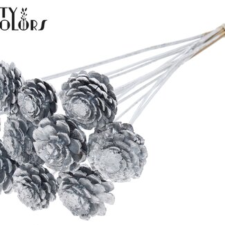 Halve Dennenappel op stok | Kleur: Zilverkleurig | Diameter 5 - 7 centimeter | Lengte ± 50 centimeter | 10 bijstekers per bos