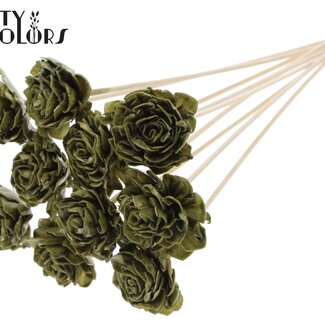 Shola Dahlia met was op stok | Kleur: Olijfgroen | Shola Dhalya | Diameter 6 centimeter | Lengte ± 50 centimeter | 10 bijstekers per bos | Per bos