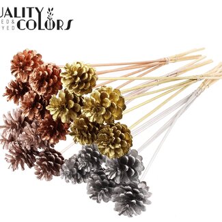 QC Dennenappel op stok "Chic Mix" | Kleur: Metallic Wit | Diameter 5 - 7 centimeter | Lengte ± 50 centimeter | 10 bijstekers per bos