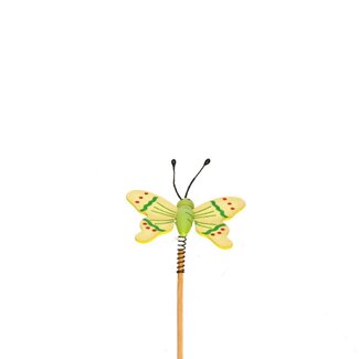 4A Vlinder op Spiraal op stok | Kleur: Geel | Vlinder Bijsteker | Diameter 6 centimeter | Lengte ± 12 centimeter | Per 25 bijstekers
