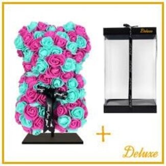 4A Bear of Foam Roses Mix | Colour: Light blue and Pink | Height 25 centimeter | including stand | Per bear