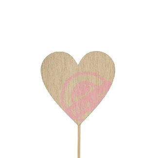 4A Houten Hart Bijsteker | Kleur: Roze | Lengte bijsteker ± 12 centimeter | Diameter hart 7 centimeter | Per 24 bijstekers
