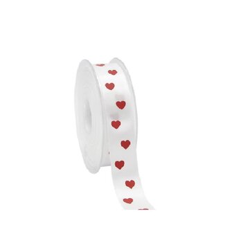 4A Satijn Lint met Hartjes | Kleur: Natuurlijk Wit | Breedte 23 millimeter | Lengte 25 meter | Per rol