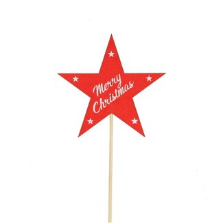 4A Ster "Merry Christmas" tekst op stok | Kleur: Rood | Diameter ster 9 centimeter | Lengte bijsteker ± 50 centimeter | Kerst Decoratie | Per 25 bijstekers