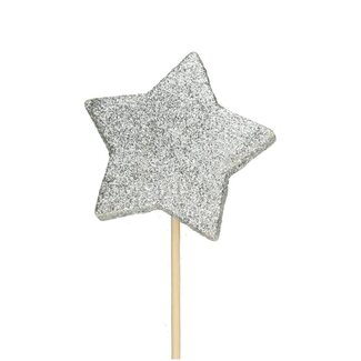 4A Ster Glitter Bijsteker | Kleur: Zilverkleurig | Diameter ster 7 centimeter | Lengte bijsteker ± 50 centimeter | Kerst Decoratie | Per 25 bijstekers