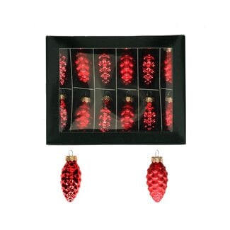 4A Dennenappel Kerstballen | Kleur: Rood | Glimmende en Matte Ballen | Lengte 60 millimeter | Per 12 kerstballen
