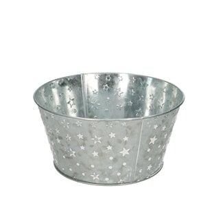 4A Zinken Bloempot Plantenbak met witte sterren “Nigel” | Kleur: Grijs | Kerst Decoratie | Diameter 20 centimeter | Hoogte 10 centimeter | Per 10 bakken