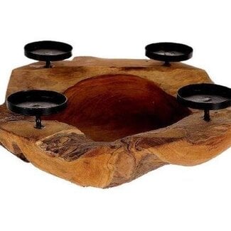 HBXD Teakhouten Kandelaar voor 4 kaarsen "Erosi” | Kleur: Bruin | Woondecoratie | Hoogte 13 centimeter | Diameter 40 centimeter | Per theelichthouder