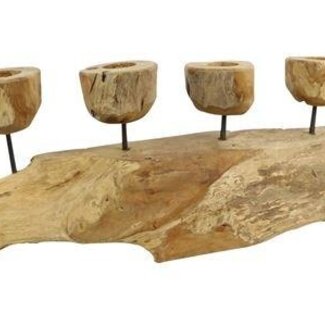 HBXD Teak Candle Holder for 4 Candles “Erosion” | Colour: Brown | Home Decor | Length 70 centimetres | Width 20 centimetres | Height 16 centimetres | Per candle holder