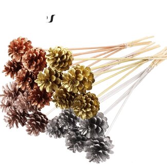 QC Pine cone on stick "Chic Mix" | Colour: Metallic White | Diameter 5 - 7 centimetres | Length ± 50 centimetres | 10 picks per bunch