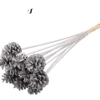 QC Pine cone on stick | Colour: Silver with Glitter | Diameter 5 - 7 centimetres | Length ± 50 centimetres | 10 picks per bunch