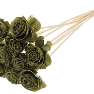 QC Shola rose with wax on stem | Colour: Olive green | Shola Beauty Rose | Diameter 6 centimeter | Length ± 50 centimeter | 10 auxiliary stems per bunch | Per bunch
