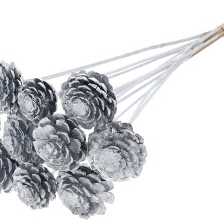 QC Half Pine Cone on Stick | Colour: Silver | Diameter 5 - 7 centimetres | Length ± 50 centimetres | 10 picks per bunch