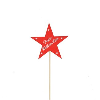 4A Red Star Pick with Text “Merry Christmas” | Christmas Decoration | Pick length ± 15 centimeter | Star diameter 7 centimeter | Per 25 picks