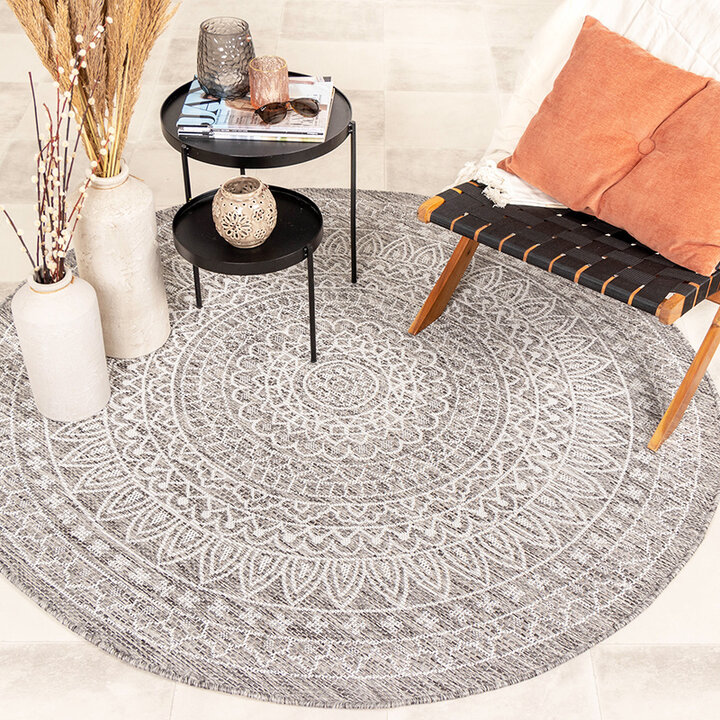 Rund Utomhusmatta - Summer Aztec Ljusgrå
