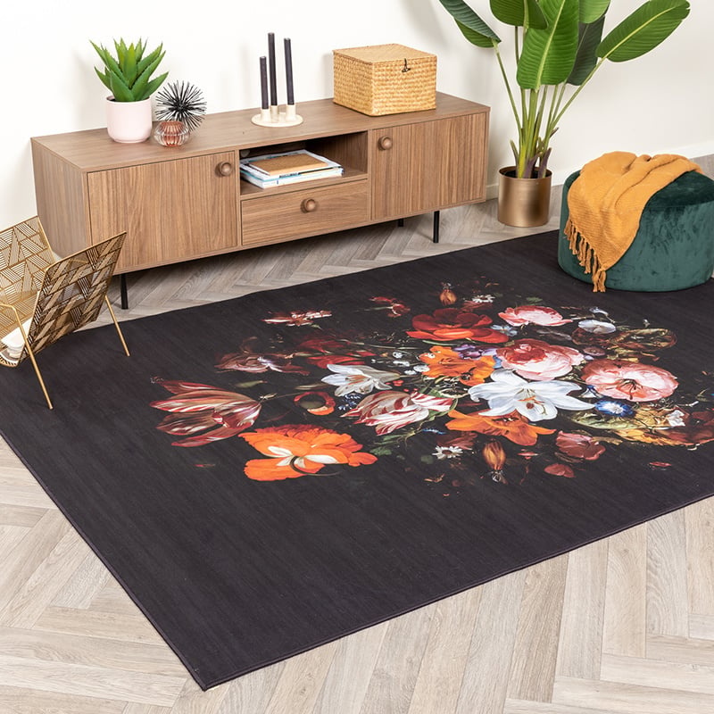 Blommig Matta - Florine Svart/Orange