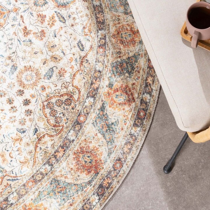 Rund Inomhus- Och Utomhusmattamatta - Kairo Medaillon Gräddvit/Flerfärgad