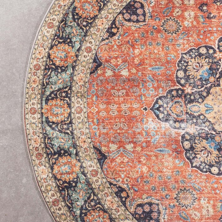 Rund Inomhus- Och Utomhusmattamatta - Kairo Medaillon Terrakotta/Mörkblå