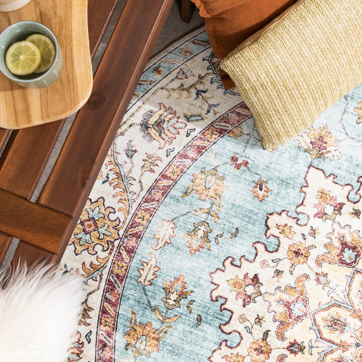 Rund Vintage Utomhusmatta - Santo Medaillon Ljusblå