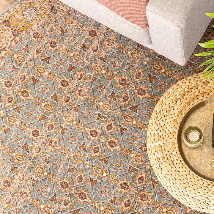 Rund Matta I Vintagestil - Thirza Oriental Ljusblå/Flerfärgad