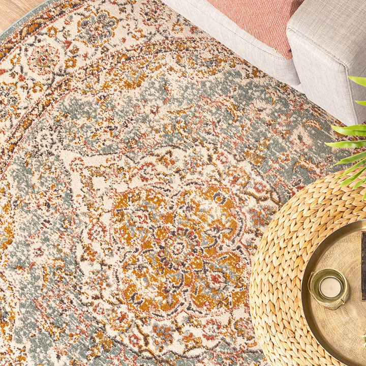 Rund Matta I Vintagestil - Thirza Medaillon Ljusblå/Flerfärgad