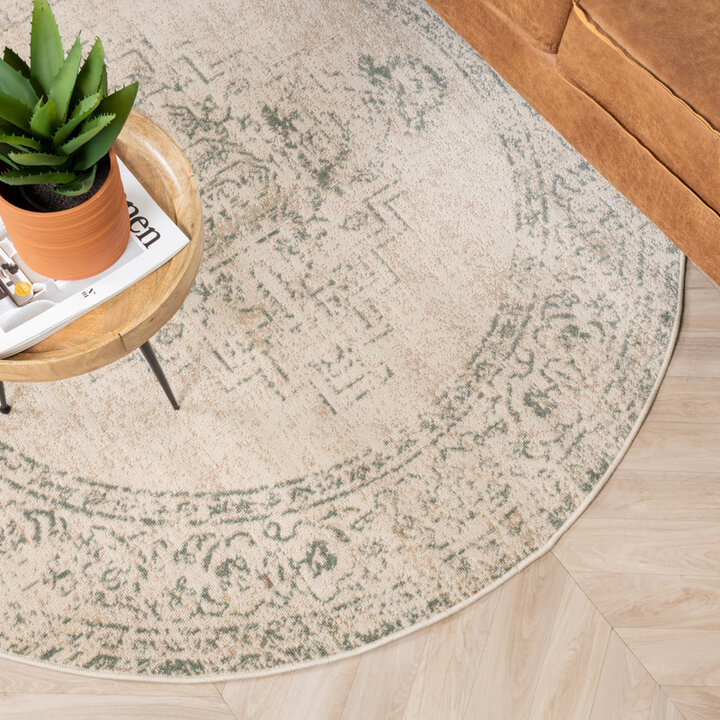 Rund Matta I Vintagestil - Spring Ethnic Gräddvit/Grön