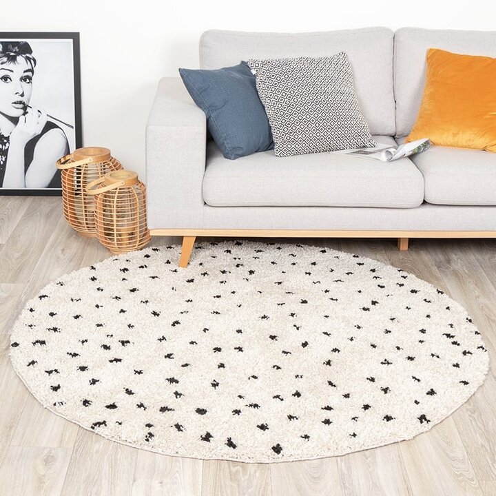 Rund Matta Med Hög Lugg  - Grand Dots Gräddvit/Svart