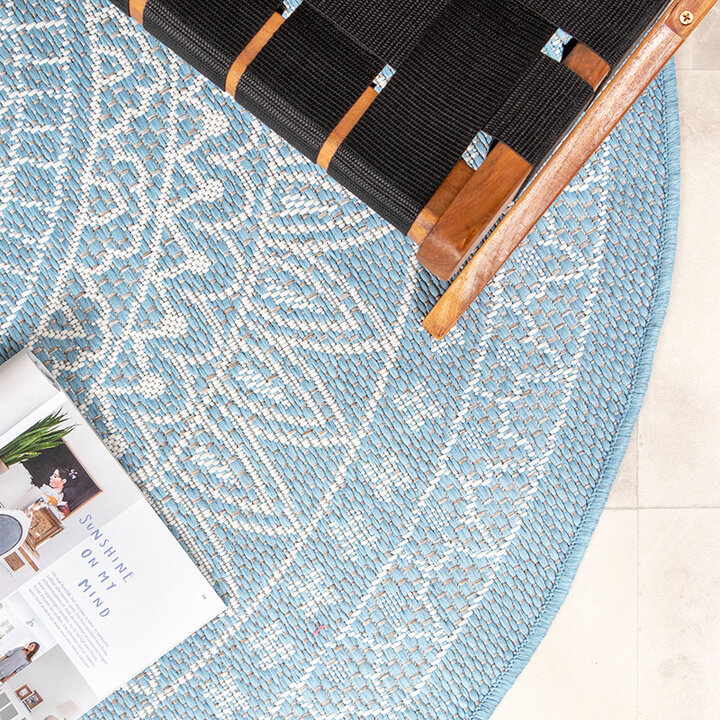 Rund Utomhusmatta - Summer Aztec Ljusblå