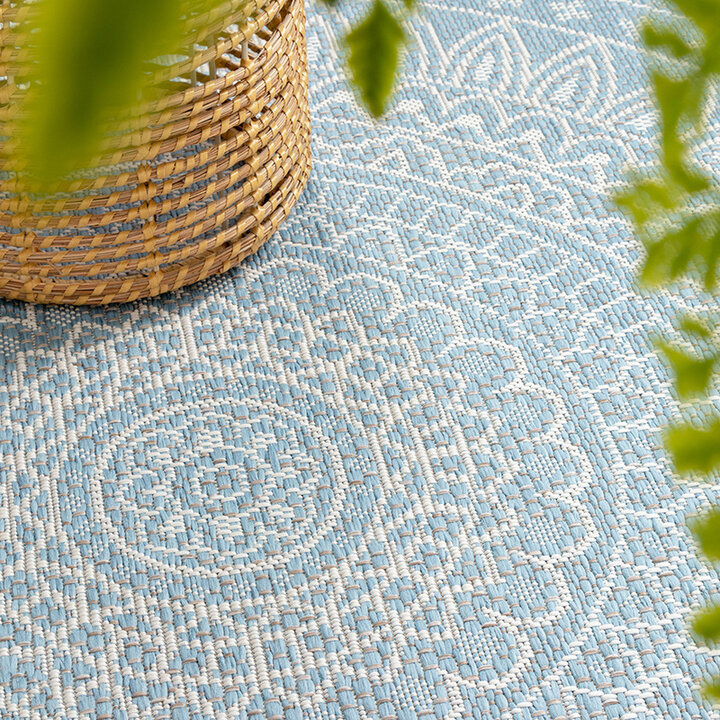 Rund Utomhusmatta - Summer Aztec Ljusblå