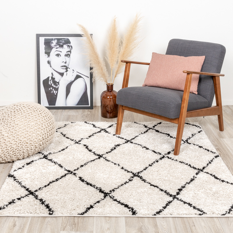 Fyrkantig Matta Med Hög Lugg - Grand Lines Gräddvit/Svart