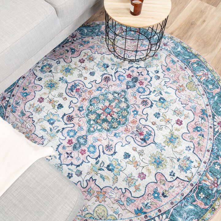 Rund Matta I Vintagestil - Lily Oriental Blå/Rosa
