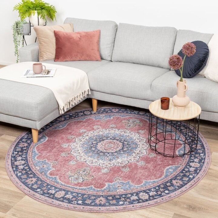 Rund Matta I Vintagestil - Lily Medaillon Röd/Rosa