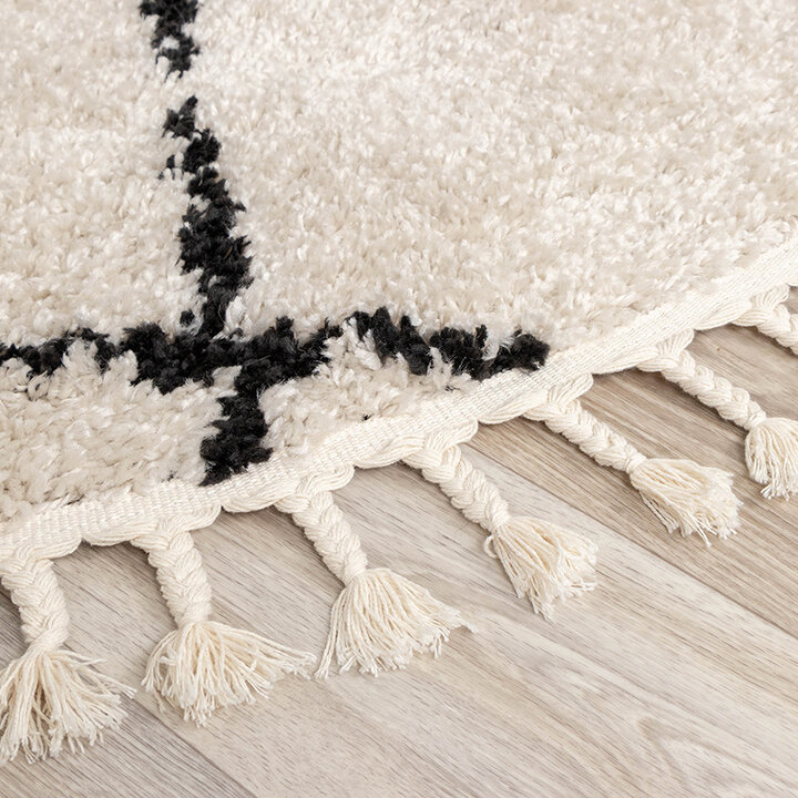 Rund Matta Med Hög Lugg  - Grand Lines Vävd Gräddvit/Svart