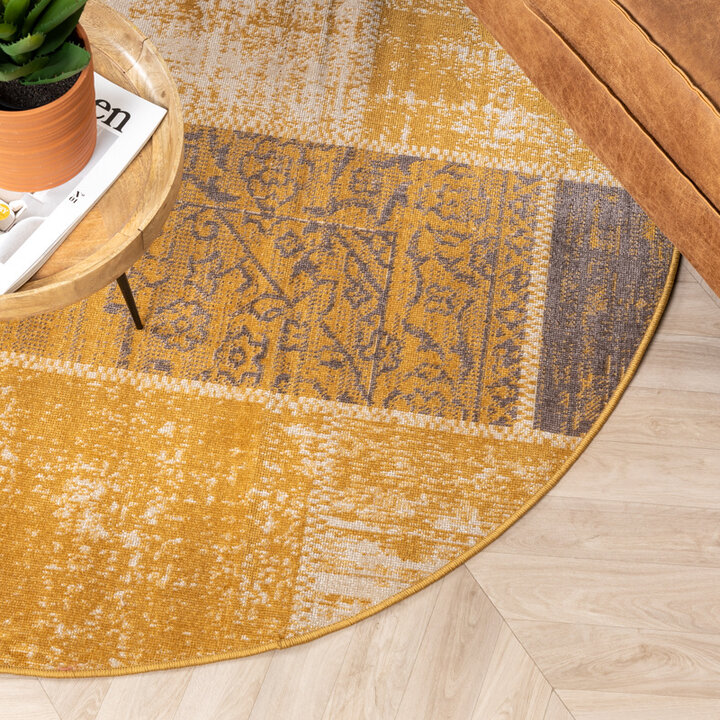 Rund Lapptäckesmatta - Spring Patchwork Gul/Taupe