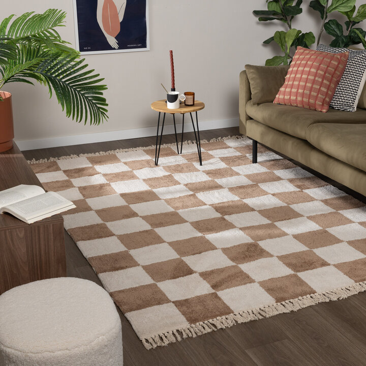 Schackmönstrad Matta  - Blox Fringe Beige