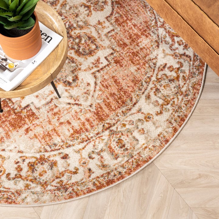 Rund Matta I Vintagestil - Spring Medaillon Terrakotta/Gräddvit