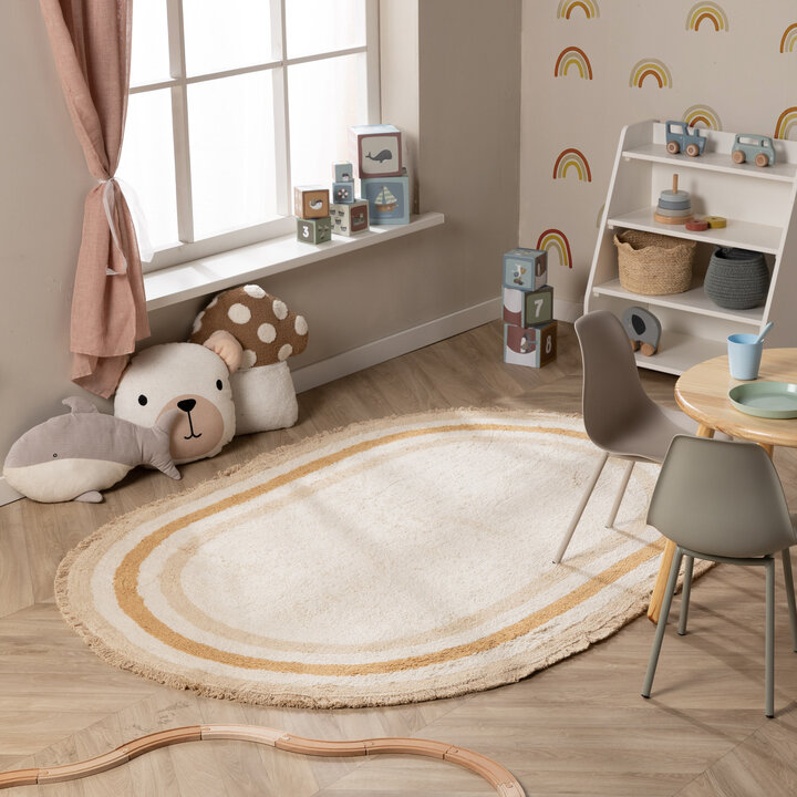 Oval tvättbar barnmatta - Milo Beige