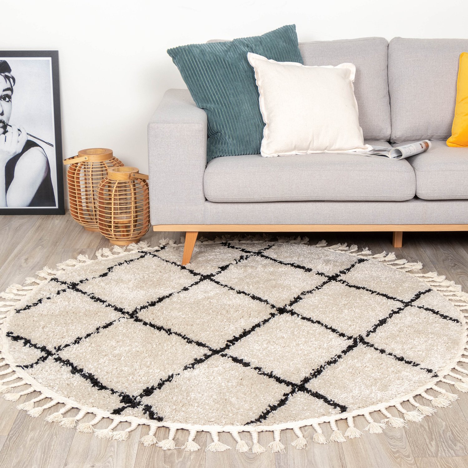 Rundt höghårigt mattan – Grand Wire Weave Creme/Svart
