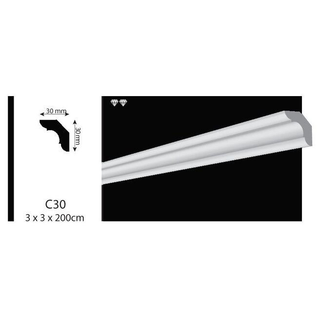 Vidella VC30 (30 x 30mm), plafondlijst, sierlijst,  lengte 2 m
