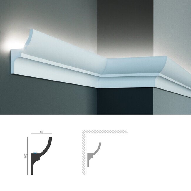 Grand Decor Polyurethaan - LED sierlijst voor indirecte verlichting, KF712 (100 x 55 mm), lengte 2 m