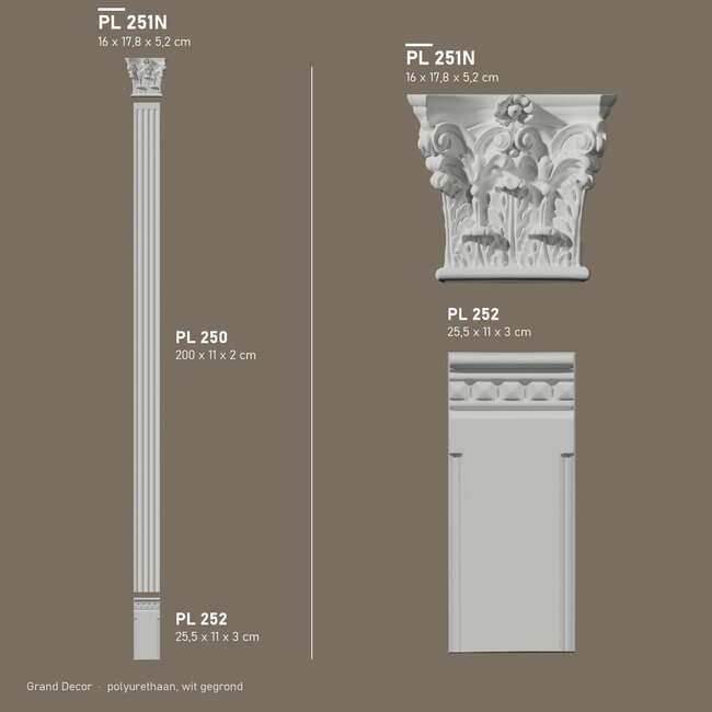 Grand Decor Pilasterkapiteel PL251N - polyurethaan, 17,8 x 16 cm