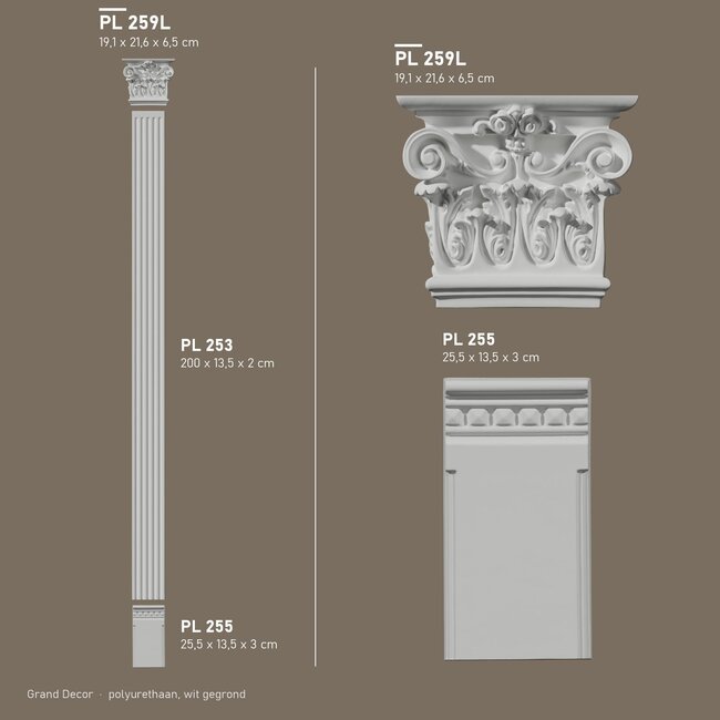 Grand Decor Pilasterkapiteel PL259L - polyurethaan, 21,6 x 19,1 cm