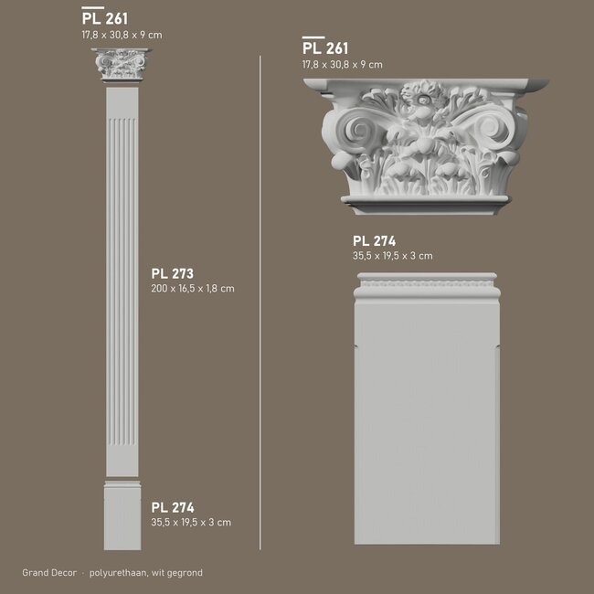 Grand Decor Pilasterkapiteel PL261 - polyurethaan, 30,8 x 17,8 cm