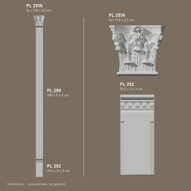 Grand Decor Pilasterset PL252 + PL250 + PL251N - polyurethaan, hoogte 241,5 cm